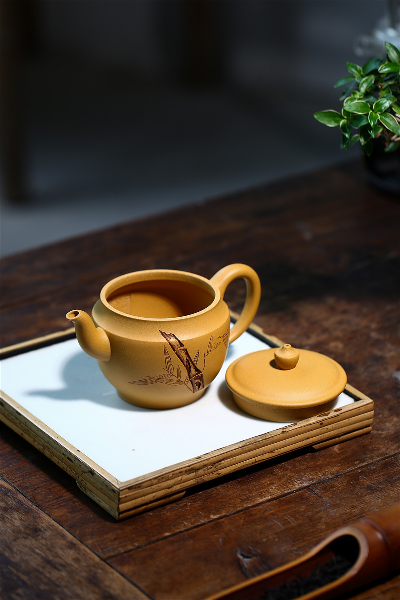 宜兴原矿段泥手工刻图紫砂壶竹报平安泡茶壶产地货源茶具一件代发