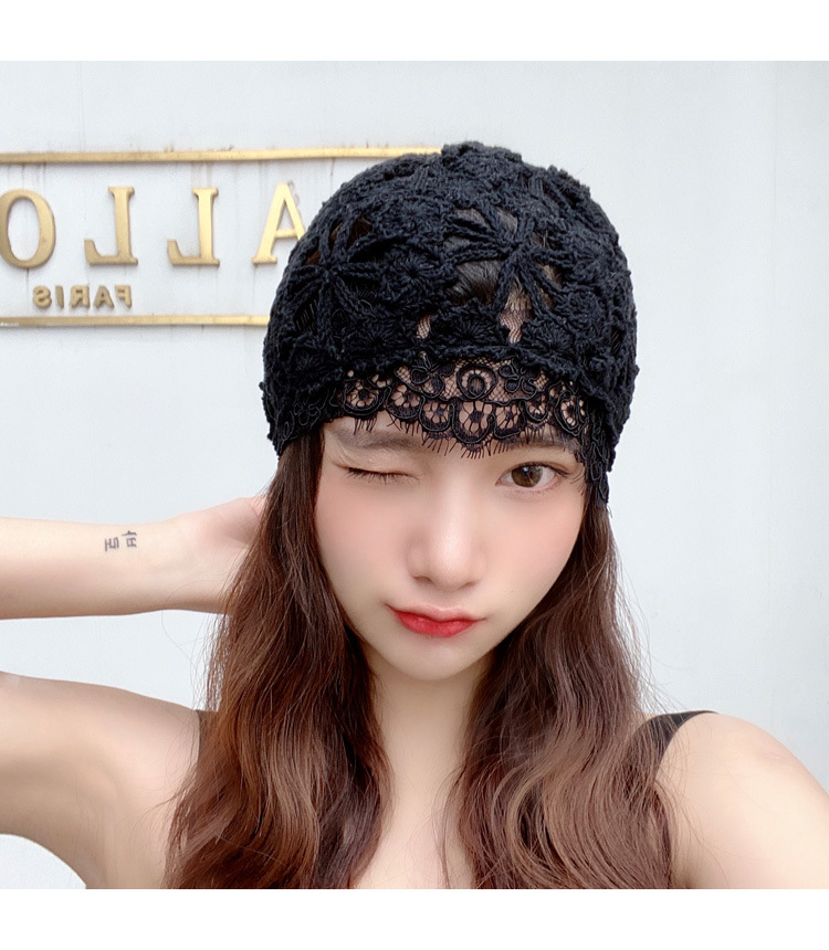 帽子女复古优雅蕾丝花边镂空包头帽纯色手工钩花贝雷帽百搭针织帽