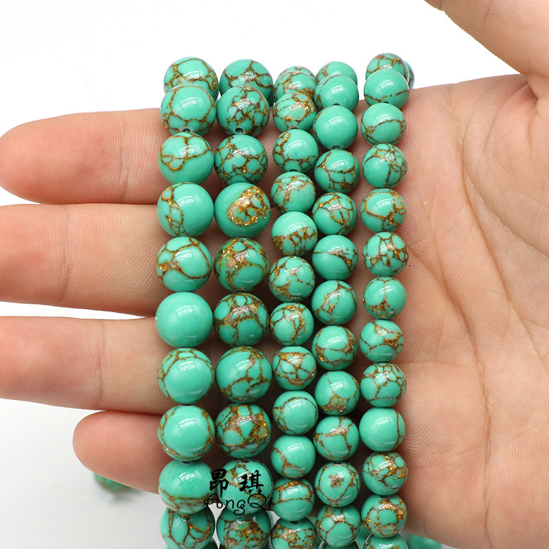 厂家直销 新款合成金线松散珠 diy金线绿松石混合圆珠配件跨境