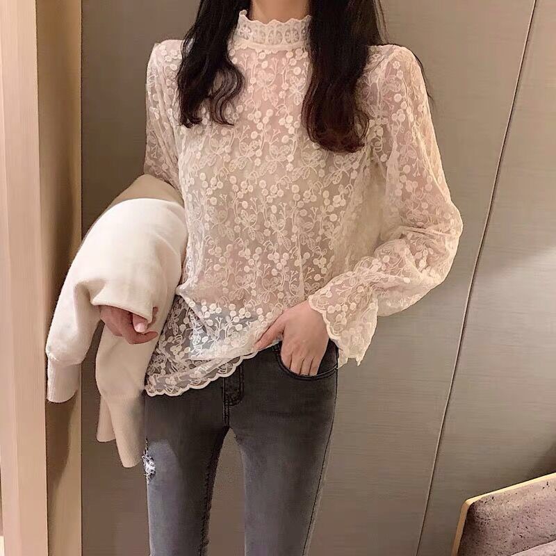 大码女装2020秋季新款韩版网纱内搭花边蕾丝领超仙洋气打底上衣