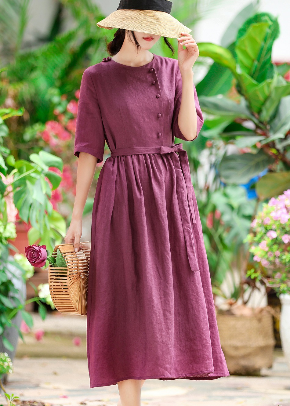 2020新款棉麻女装 中袖文艺亚麻长款系带连衣裙女 旅行宽松袍子