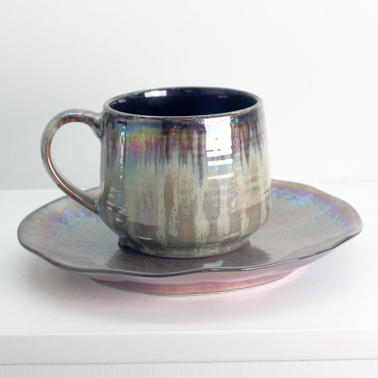 珍珠釉极光彩陶瓷咖啡杯碟电镀彩贝壳釉水杯牛奶杯定制咖啡杯碟