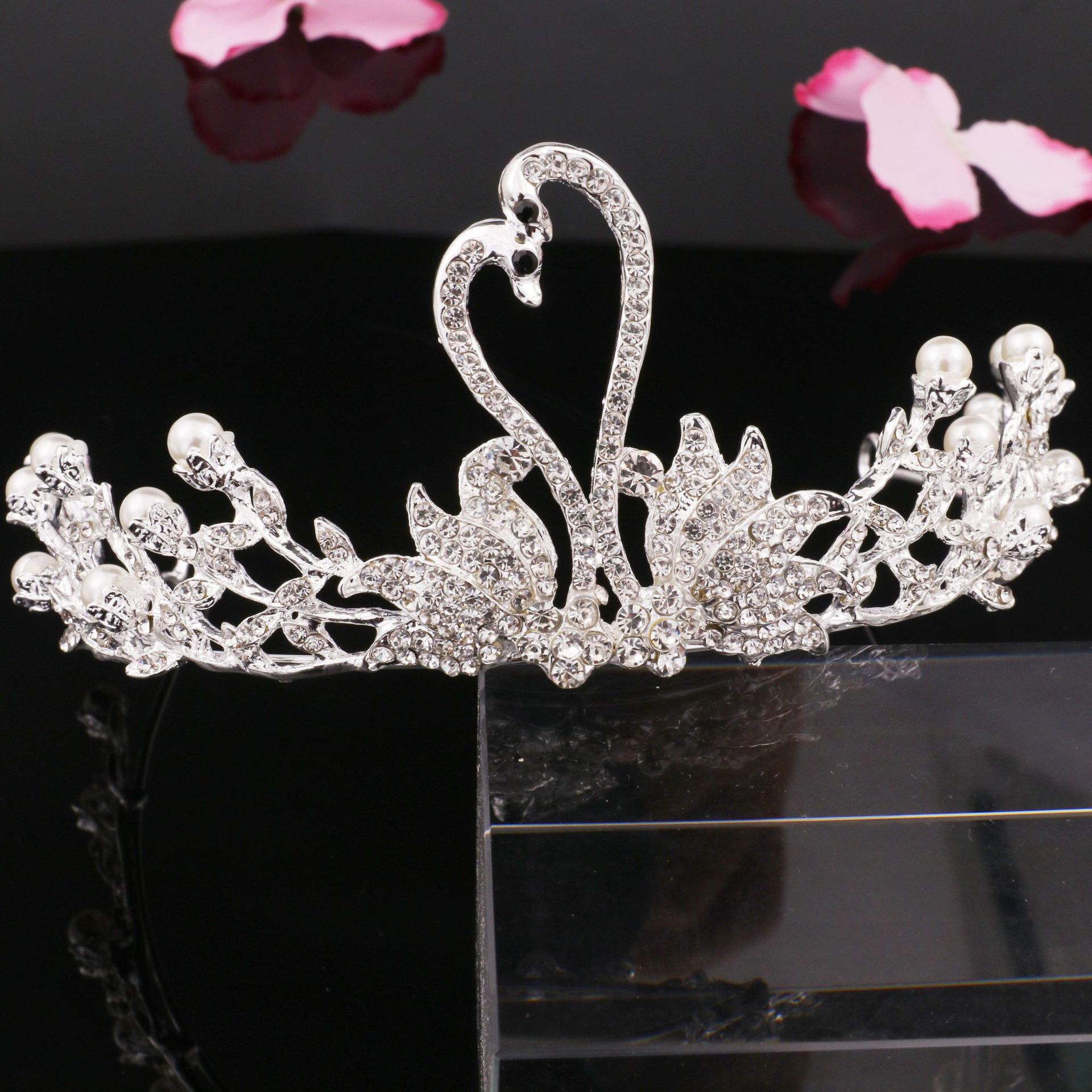 欧美珍珠水钻皇冠头饰新娘天鹅头冠结婚饰品巴洛克水晶皇冠发饰