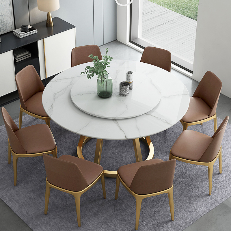 北欧大理石转盘餐桌现代简约餐厅家用8人圆桌椅组合轻奢圆形餐桌