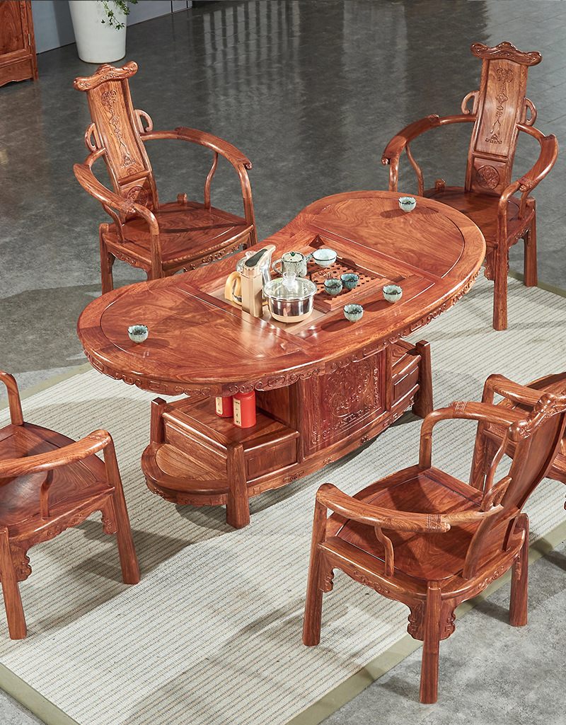 红木茶桌椅组合花梨木茶台功夫实木茶艺桌新中式刺猬紫檀腰形茶桌