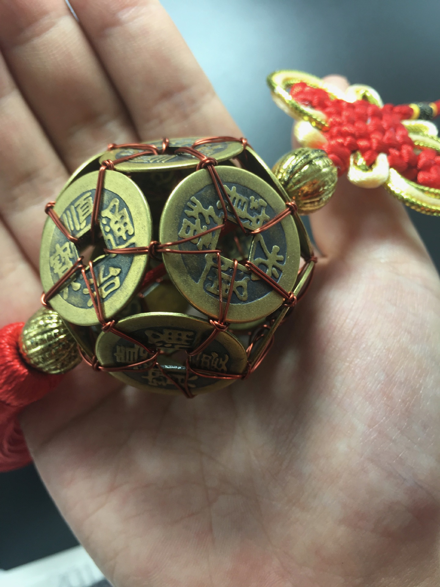 批发手工编织纯铜十帝钱路路通铜钱球元宝中国结汽车挂件