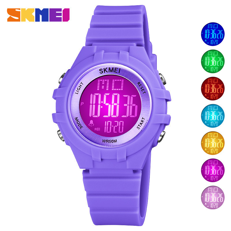 时刻美skmei韩版炫酷户外运动七彩夜光灯防水儿童时尚硅胶电子表