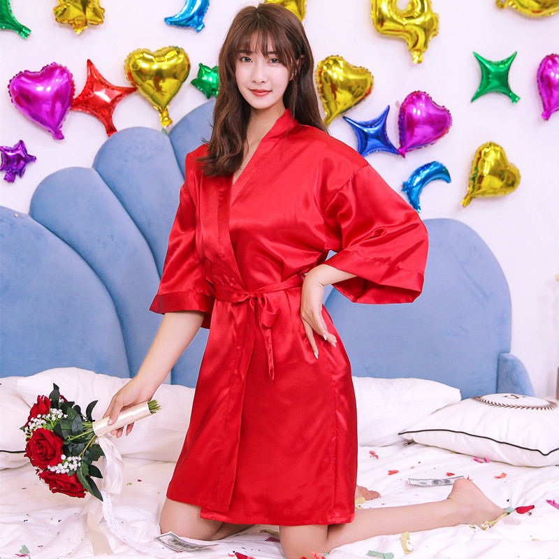 女结婚睡袍伴娘喜庆新娘睡衣女士短袖短裙睡袍烫金丝绸浴袍闺蜜装