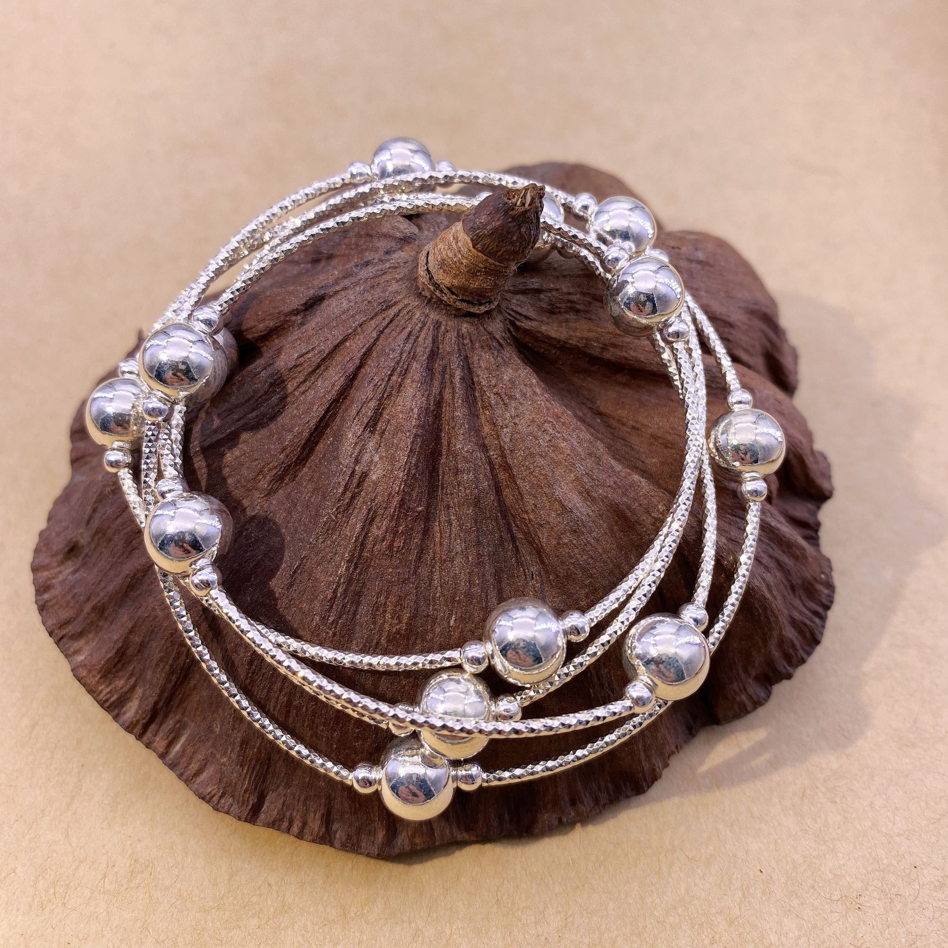 s925纯银车花弯管小球银珠子手链三圈银珠简约多圈原创diy串珠款