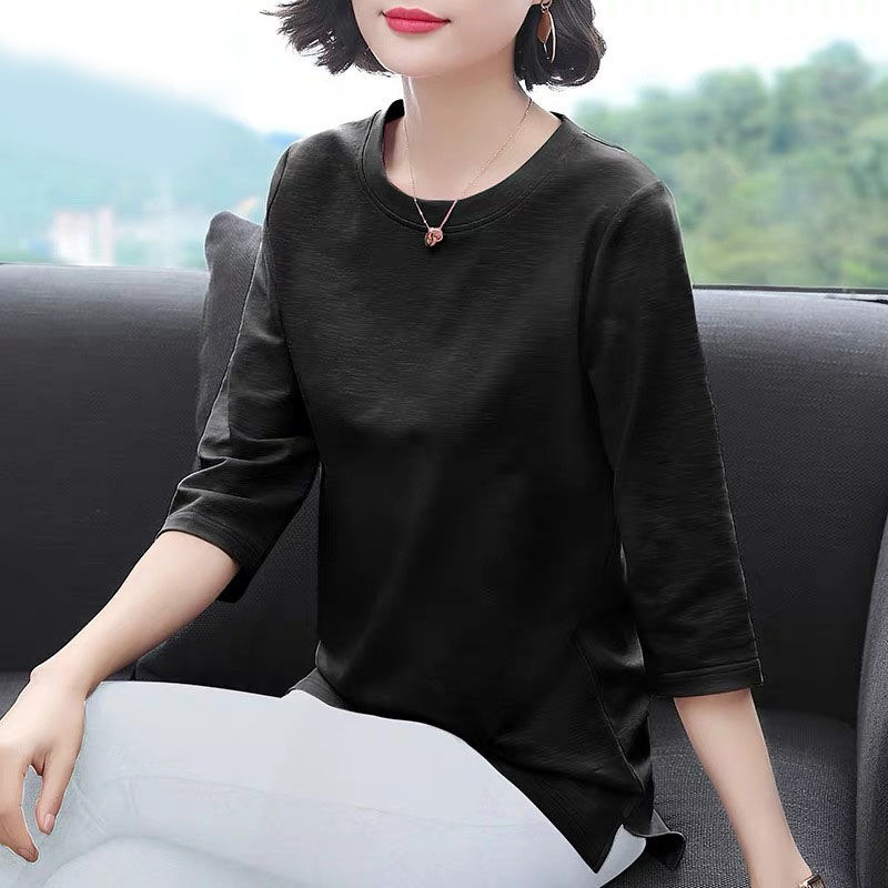 Spring and Summer Korean Style New Short Sleeve T-shirt Women's 3/4 Sleeve Top Bottoming Shirt Long Sleeve Mom's Loose Large Size Women's