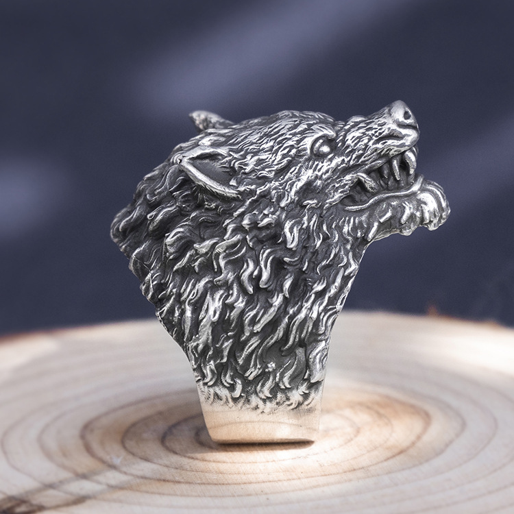 s999银饰品复古足银粗犷潮款霸气狼头狼王戒指 男士个性夸张指环