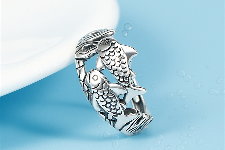 民族风年年有鱼复古戒指女士简约个性泰银做旧双鱼戒指开口指环