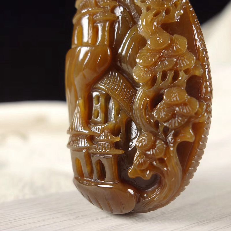 温润斋珠宝天然和田玉且末料糖料精雕山水手把件男女款送证书