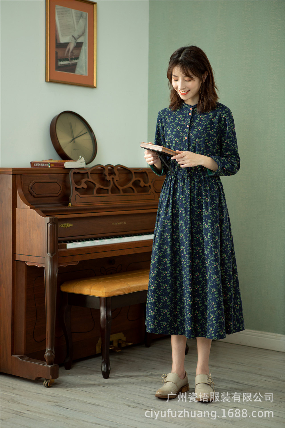 瓷语2020秋新款纯棉长袖连衣裙补单款收腰腰印花棉麻裙子下单询价