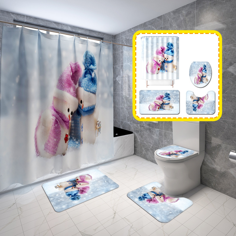 Hot Sale Christmas Element Two Snowman Waterproof Mildew-Proof Shower Curtain Bath Curtain Mat Suit