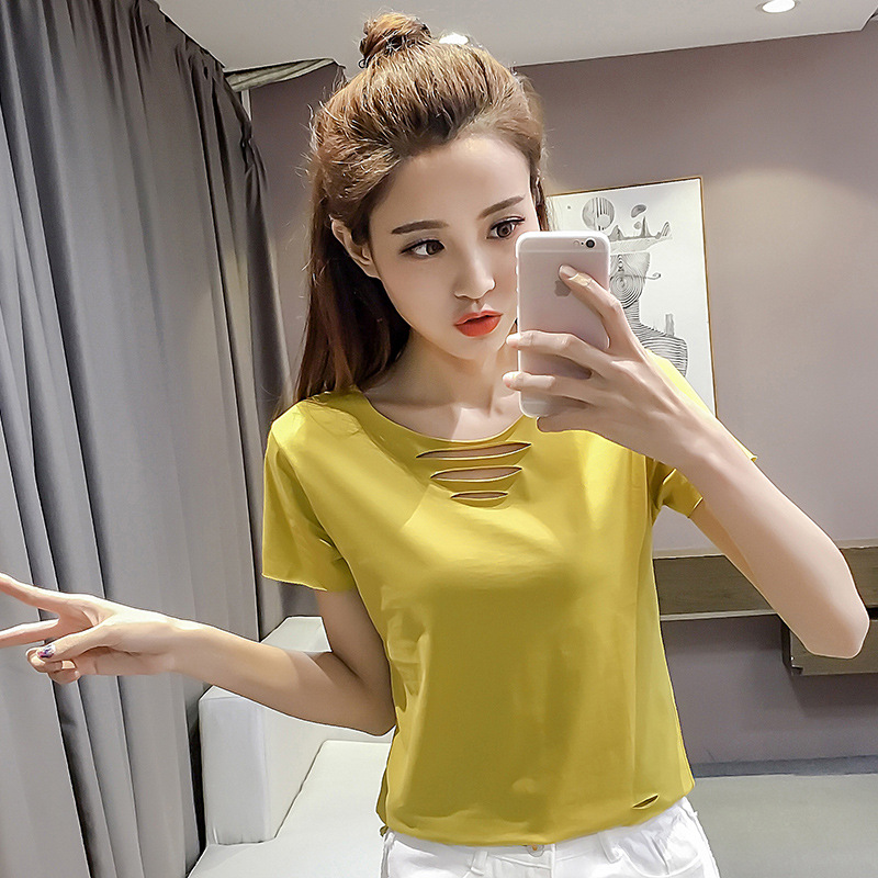 2020夏季新款修身显瘦性感漏脐漏背镂空韩范短袖上衣短款t恤女