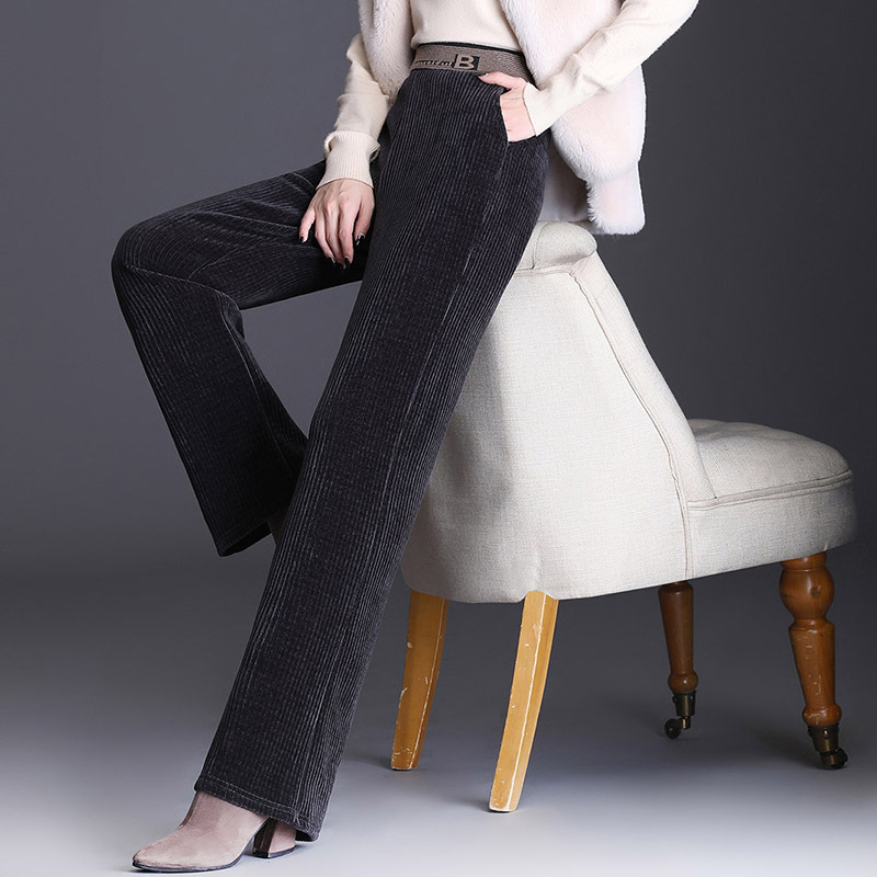 2022 Chenille Wide-Leg Pants Women Autumn and Winter Leisure High Waist Drooping Fleece Straight Elastic Waist Striped Pants Women's Trousers