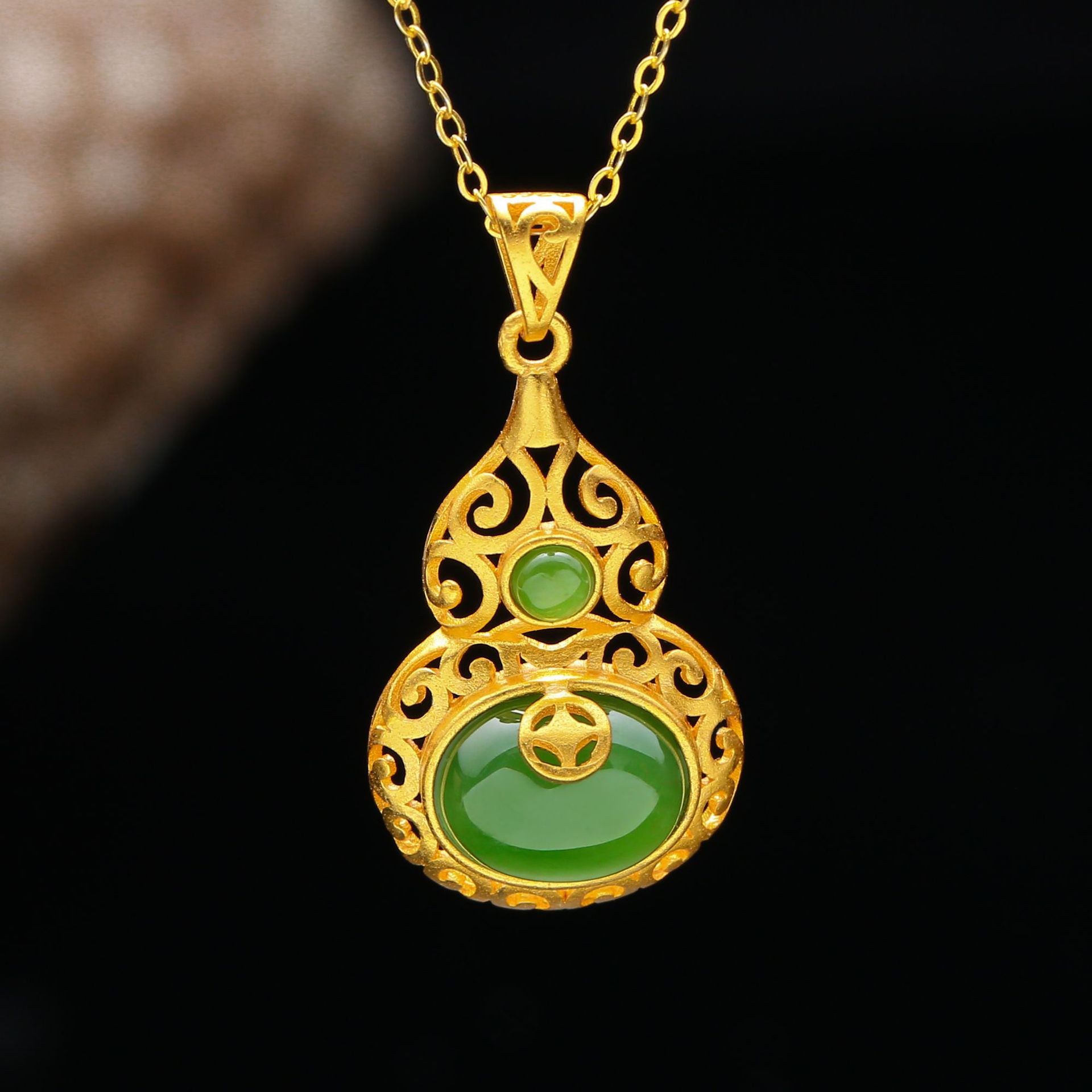 0成交189件新款s925纯银镀古法金镶嵌和田玉葫芦吊坠 精品镂空玉葫芦