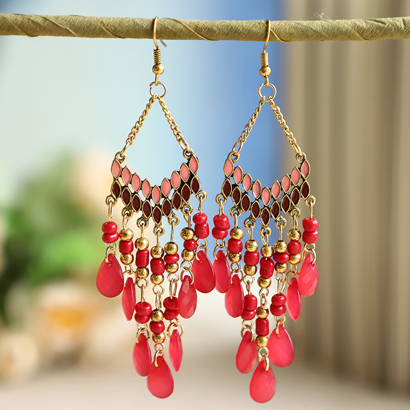 Korean Earrings Cross-Border Fan-Shaped Tassel Earrings Fashion European and American Style Contrast Color Water Drop Long Ear Stud Bohemian Ornament