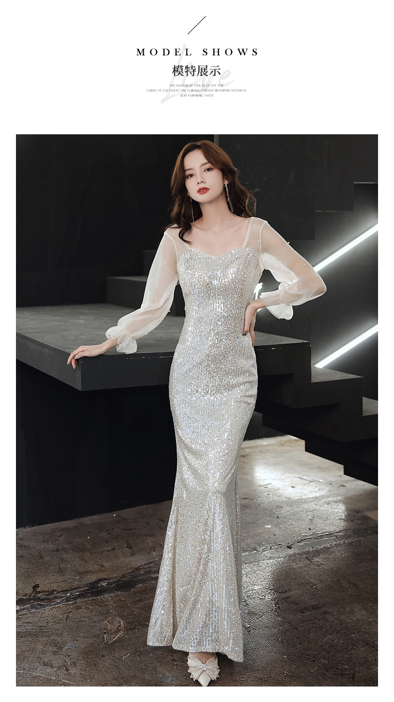 长袖晚礼服裙2022新款气质长款鱼尾裙亮片主持人年会宴会晚礼服女