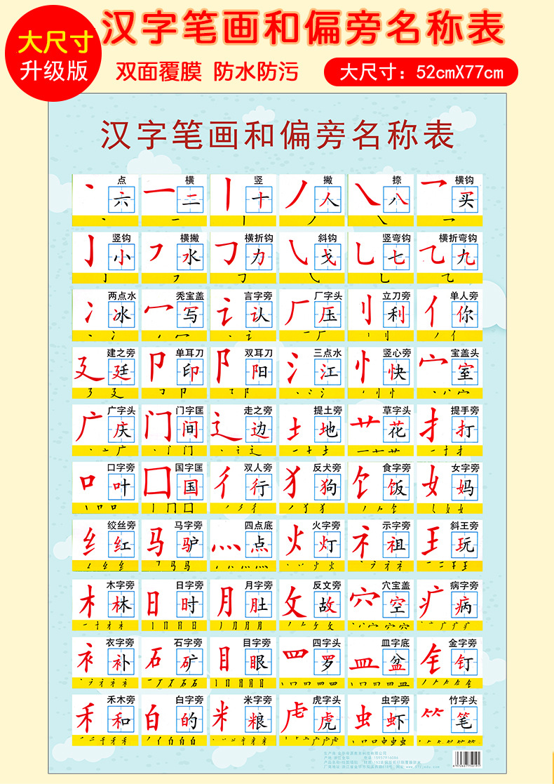 汉字笔画和偏旁名称表挂图墙贴生字笔画带笔顺教学挂图