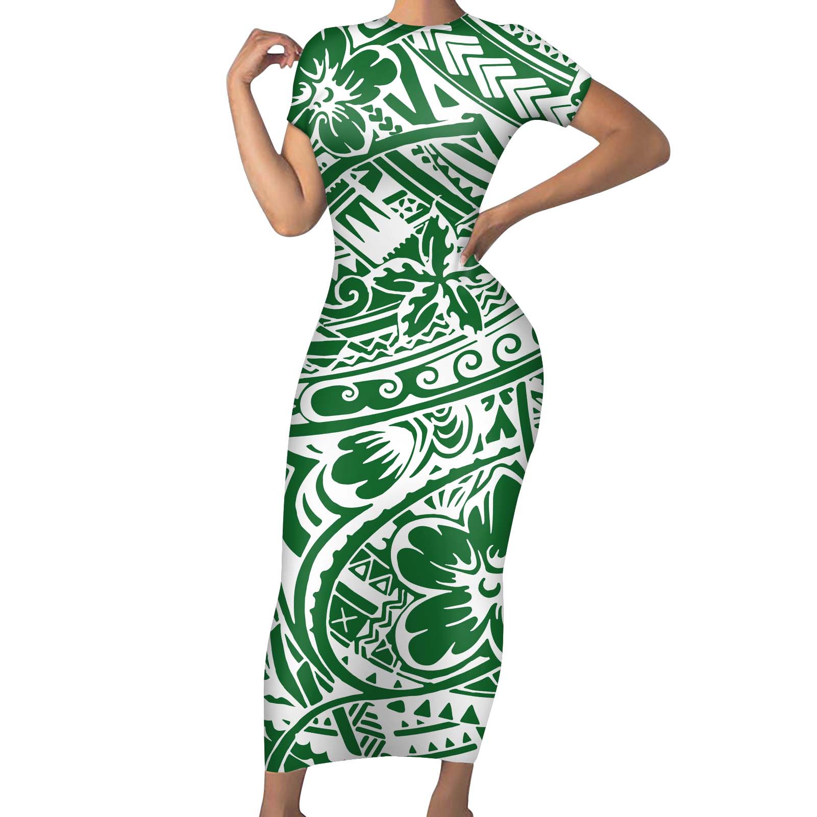 跨境新款波利尼西亚连衣裙气质长裙圆领套头女裙短袖一件起订代发