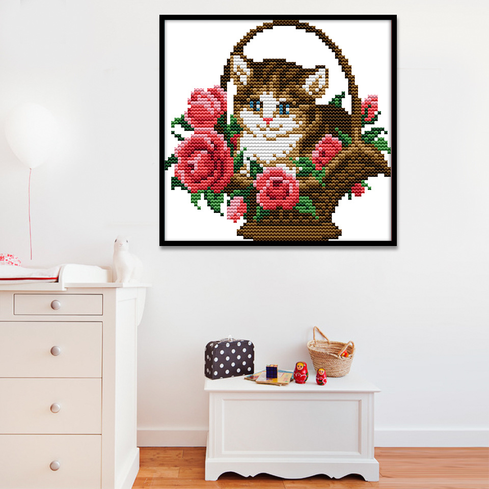 欢乐99跨境新款十字绣卡通花篮小猫客厅卧室刺绣挂画材料厂家直销
