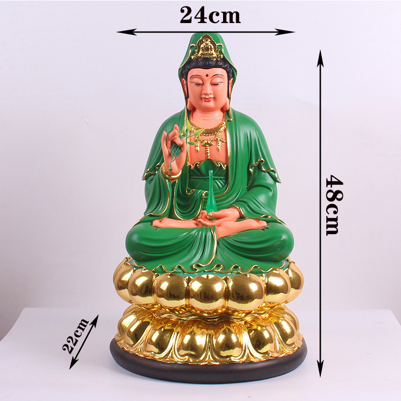 观音佛像121619英寸树脂绿衣莲花家用供奉彩绘金莲观音菩萨摆件