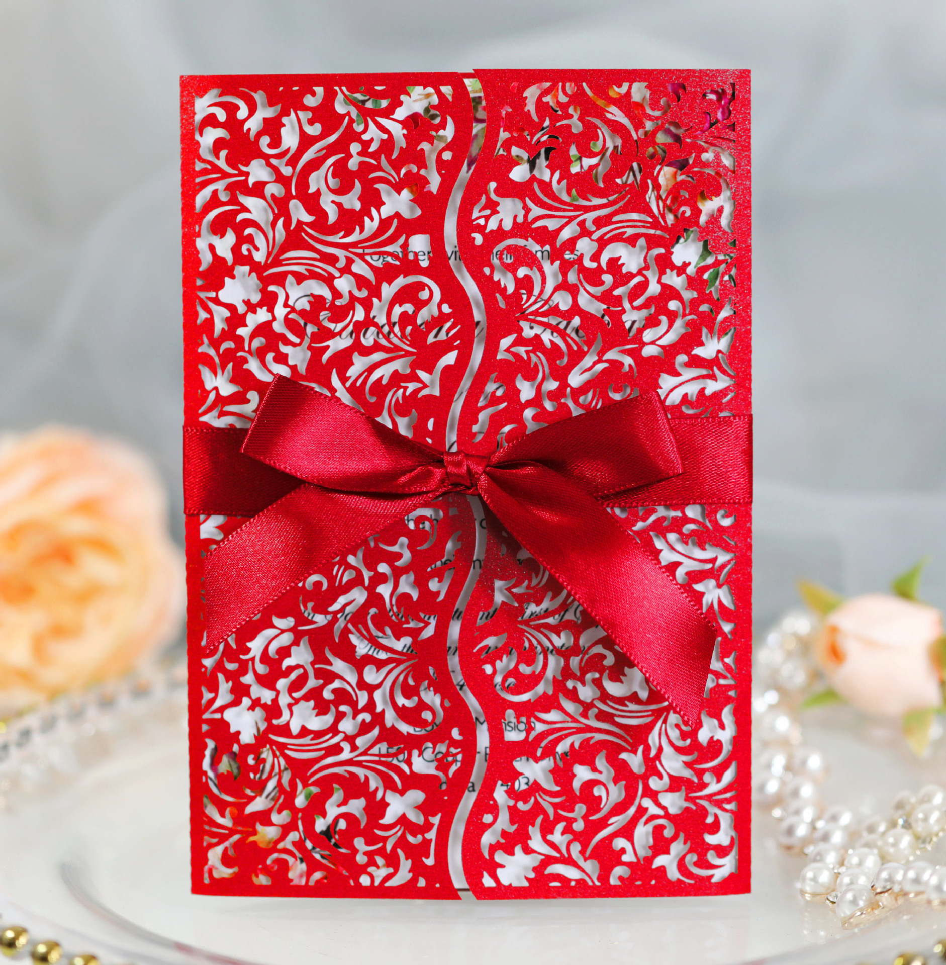 珠光纸250g激光卡片镂空请柬节日粉色贺卡结婚邀请函深圳批发