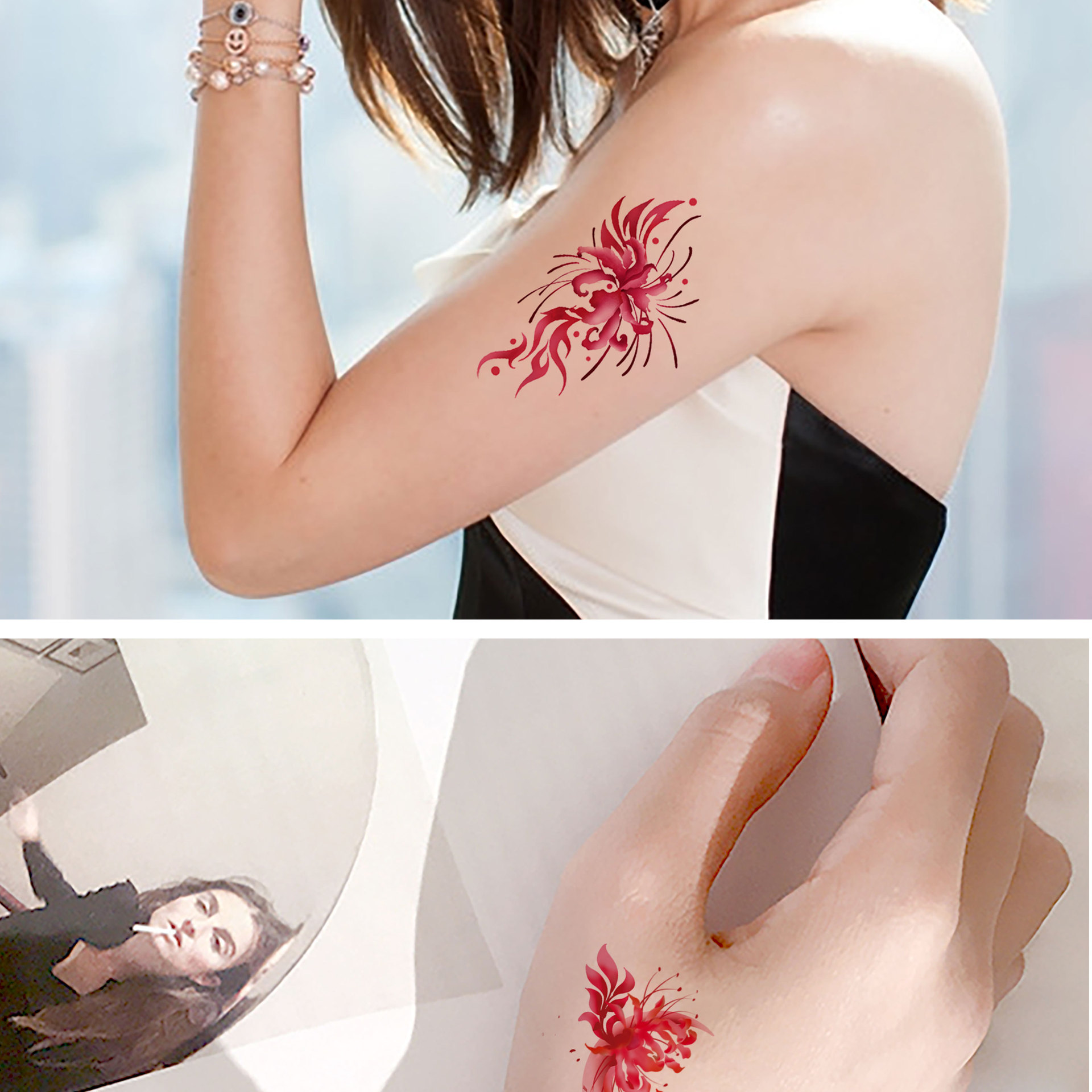 批发新款彼岸花纹身贴性感锁骨遮疤曼珠沙华小图案文身贴纸定制