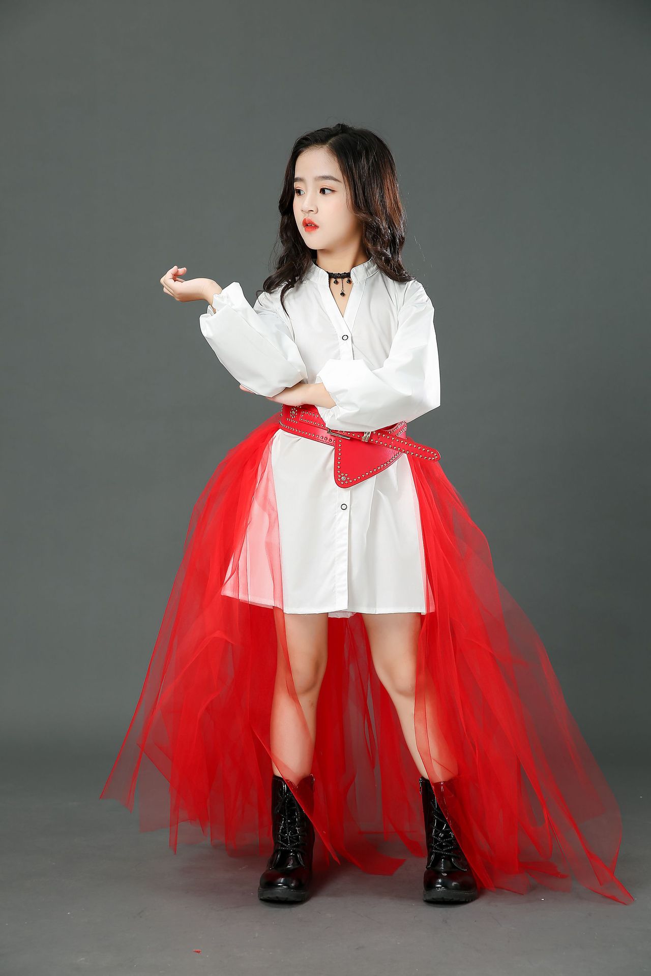 女童潮服红色超酷套装儿童走秀车模时尚个性演出服模特时装秀礼服