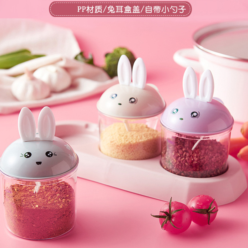 Cute Rabbit Condiment Dispenser Kitchen Pp Seasoning Storage Three Or Four Grid Flip with Spoon Seasoning Containers 0652