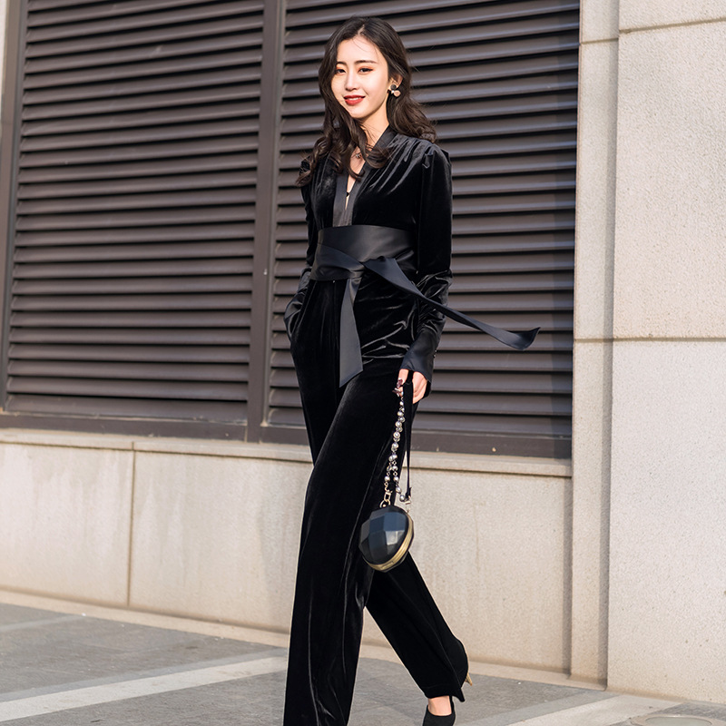 v领连身裤时尚女装气质质感礼服潮金丝绒套装坠感阔腿连体裤