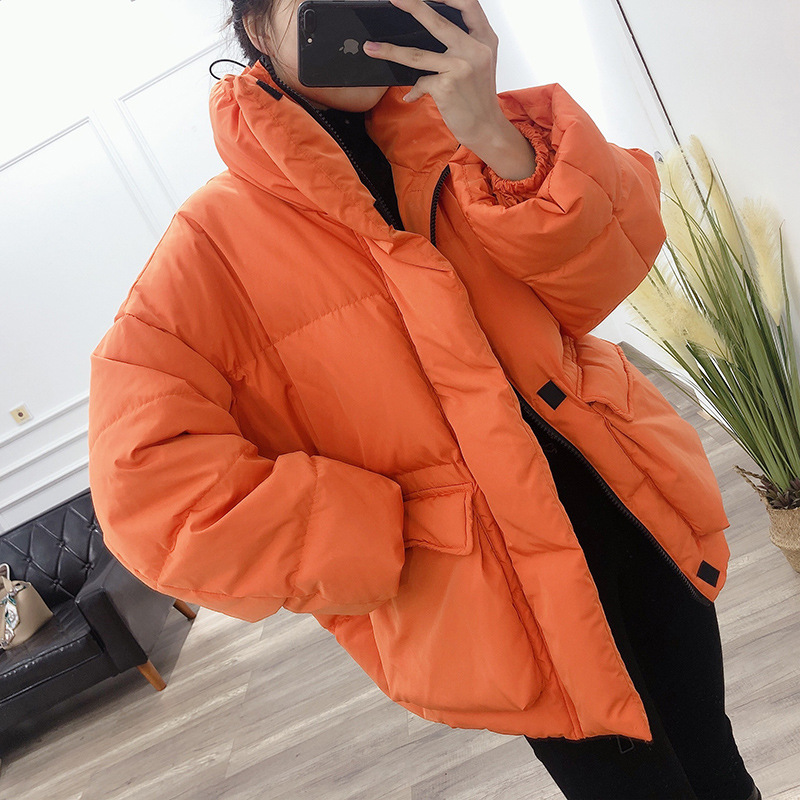 橘色羽绒服女2020年新款东大门宽松短款白鸭绒休闲面包服冬季外套