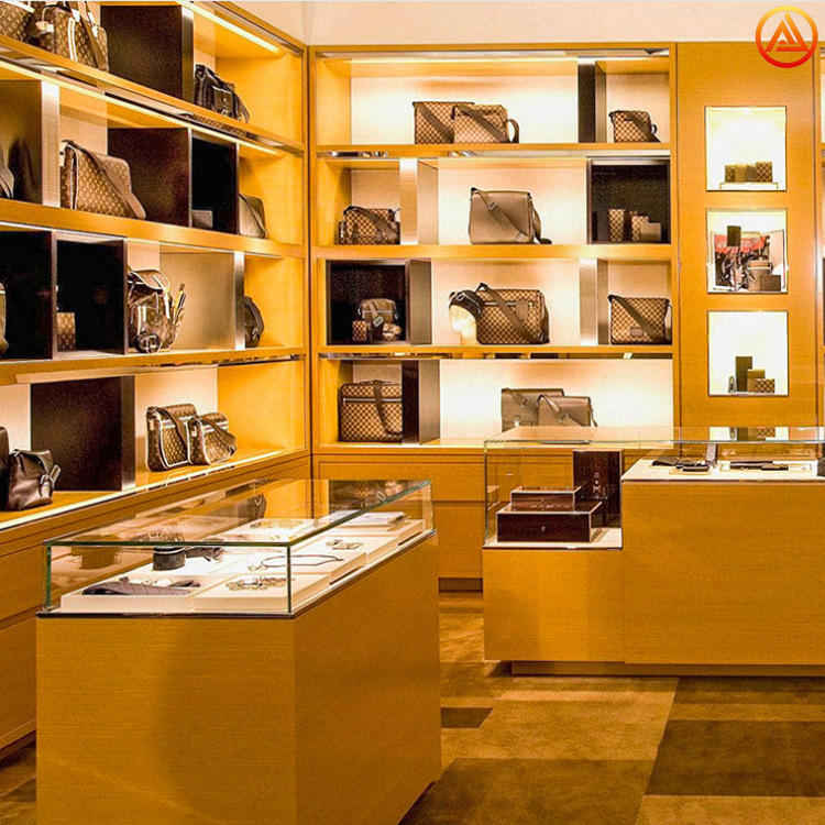商场品牌奢侈品箱包多层展示柜带灯包包陈列柜木质玻璃首饰展示柜