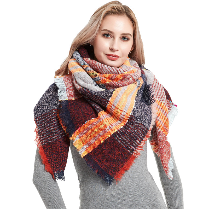 european and american style cross-border hot style 2023 autumn and winter new square scarf women‘s shawl ribbon plaid polyester bristle scarf