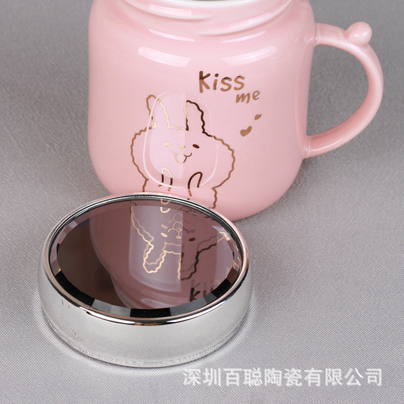 Ceramic Cup with Cover Spoon Mirror Vacuum Cup Cute Cartoon Mug Creative Couple Office Cup Gift Customization