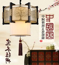 中国风现代中式吊灯木艺仿古羊皮餐厅客厅灯圆形茶楼酒店工程灯具