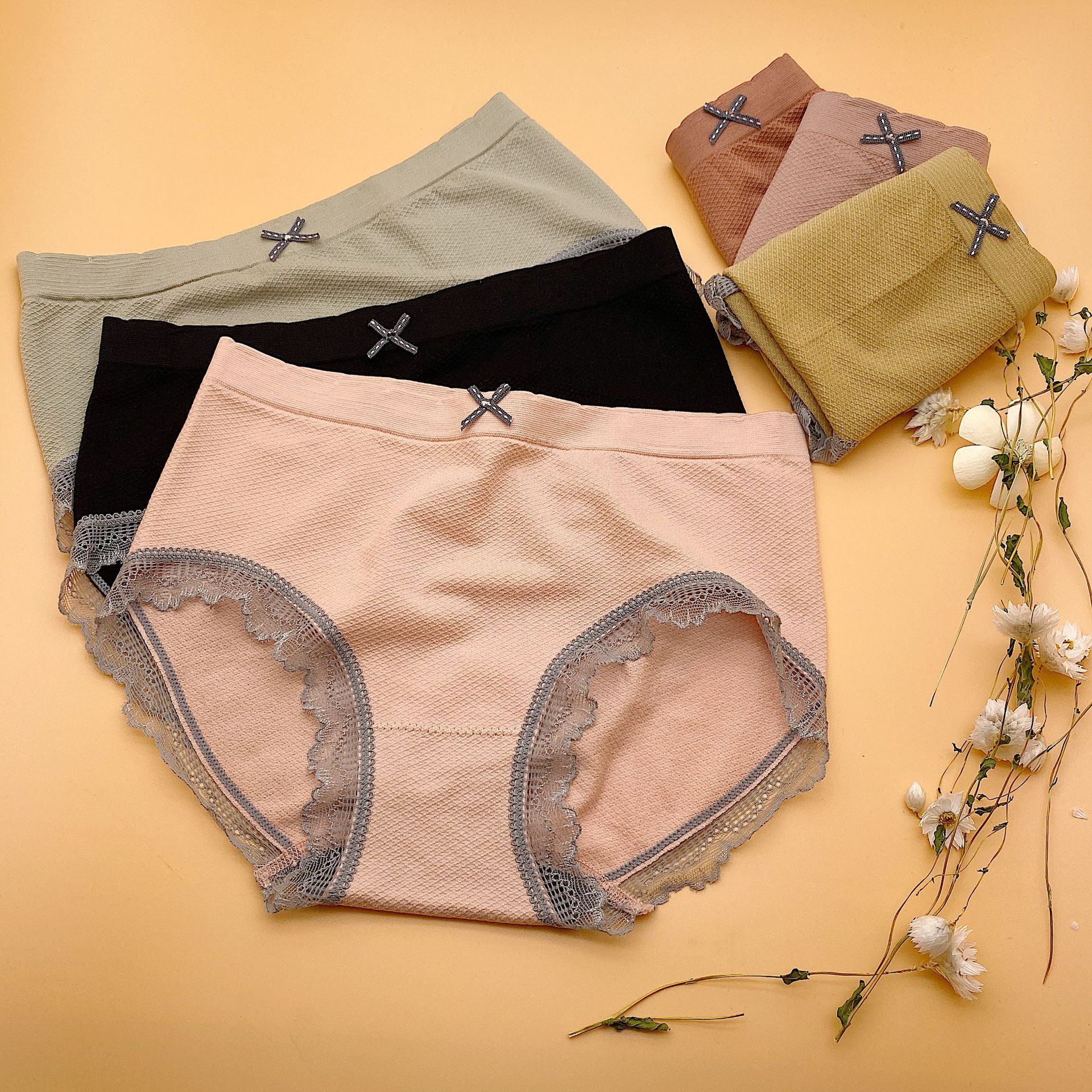 莫兰迪色系女士内裤女蕾丝无痕缝女式内裤纯棉日系甜美螺纹