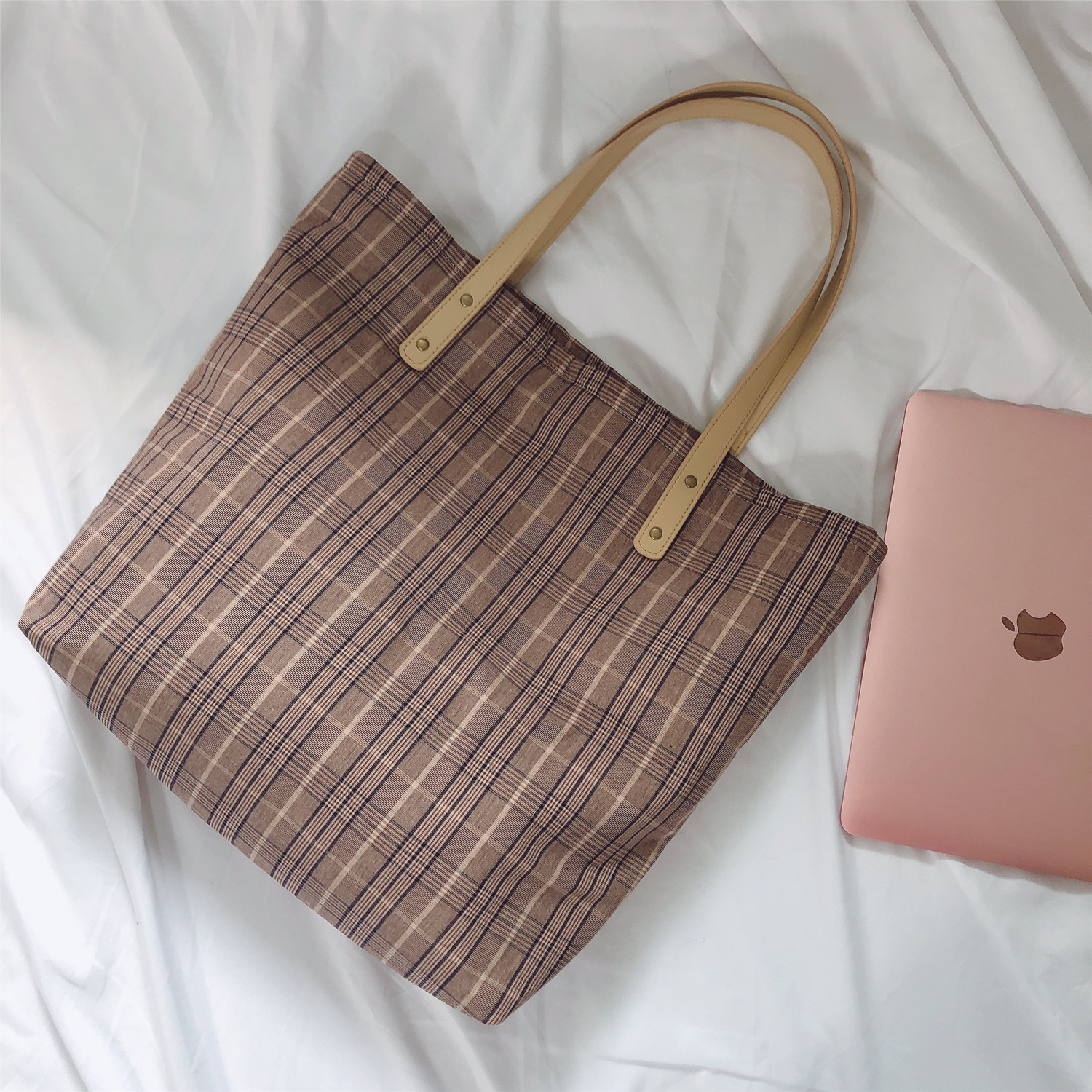 【归蝶布包】文艺格子布包单肩女棉麻素托特包大容量厚实牢固拉链