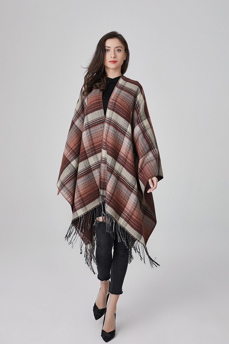 欧美风开叉披肩围巾 晴纶梭织民族格子宽松休闲气质街头斗篷定制