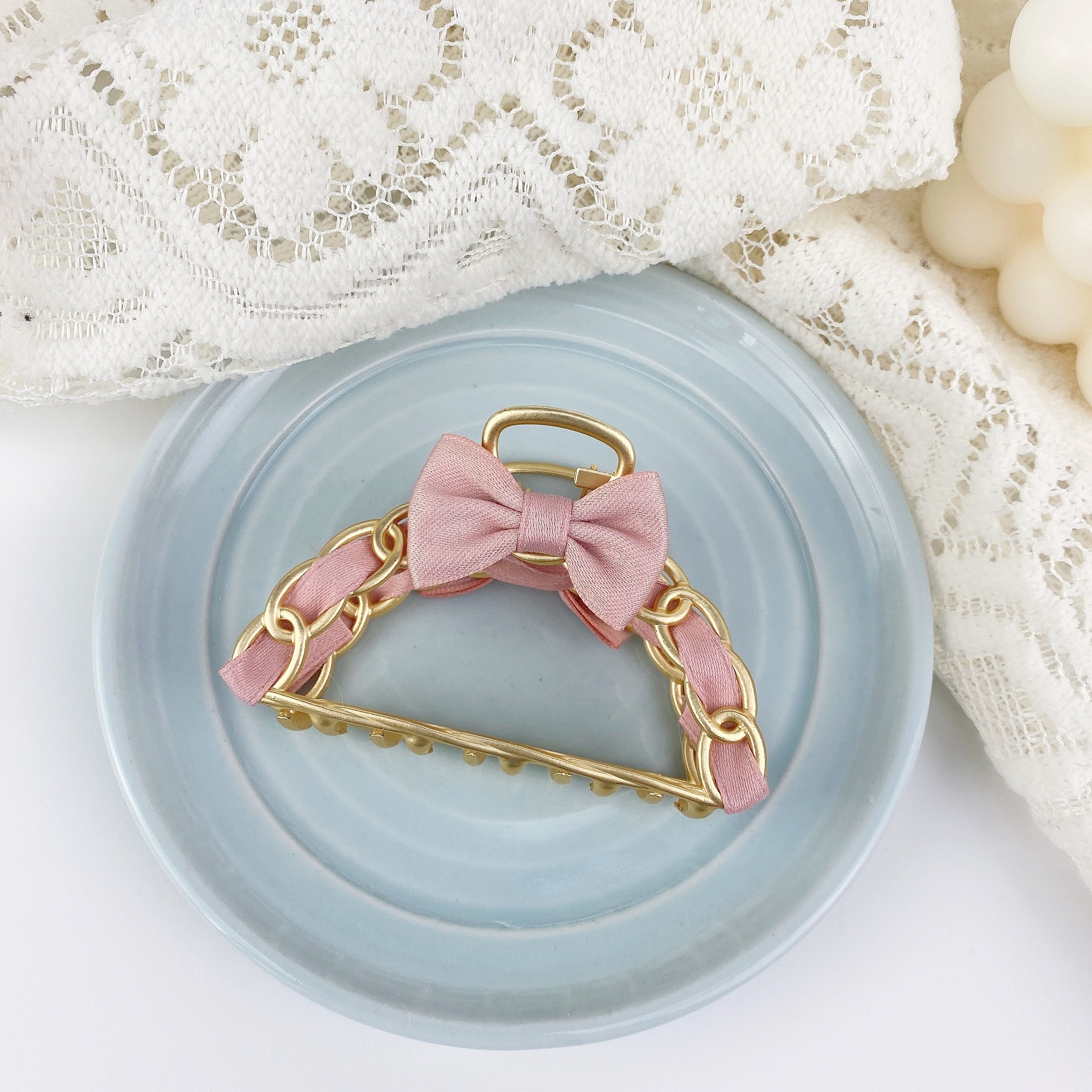 韩版日系绸缎蝴蝶结合金半圆发夹抓夹网红简约百搭鲨鱼后脑勺夹子