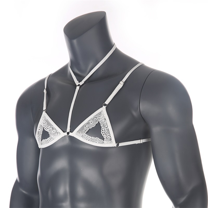 男士骚露乳可调节文胸胸罩内衣乳罩男gay挂脖束缚情趣蕾丝诱惑