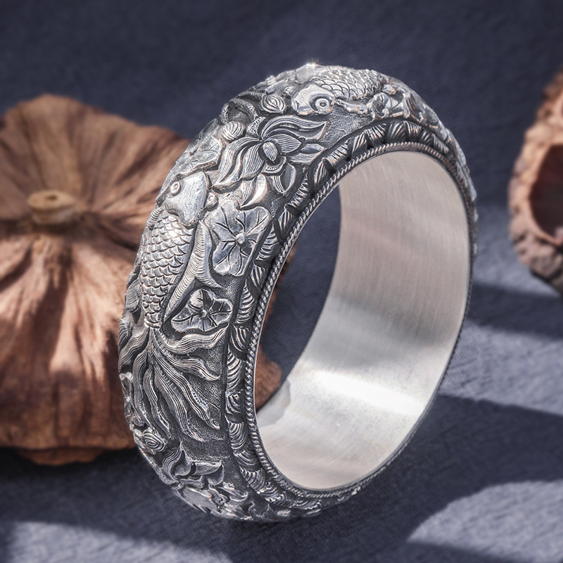 9999足银手镯龙凤戏珠宽面云南雪花银银手镯手工制作