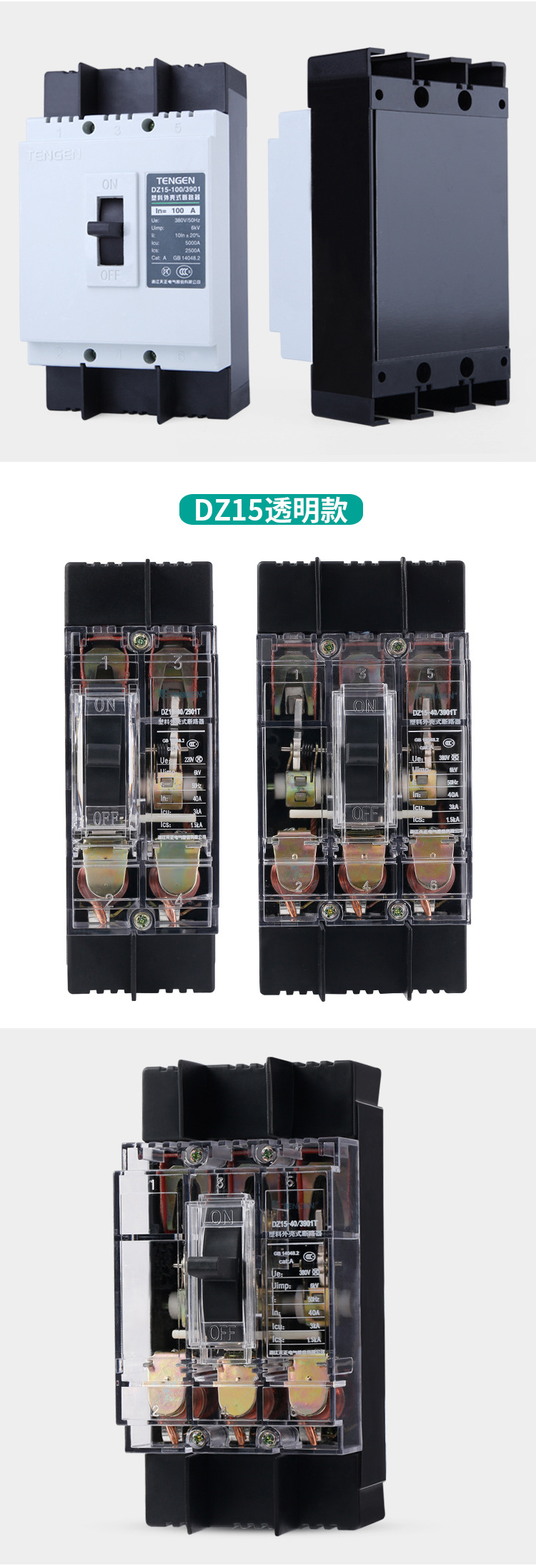 天正dz15塑壳断路器3901 2901t 40a 63a 100a透明3p空气开关380v
