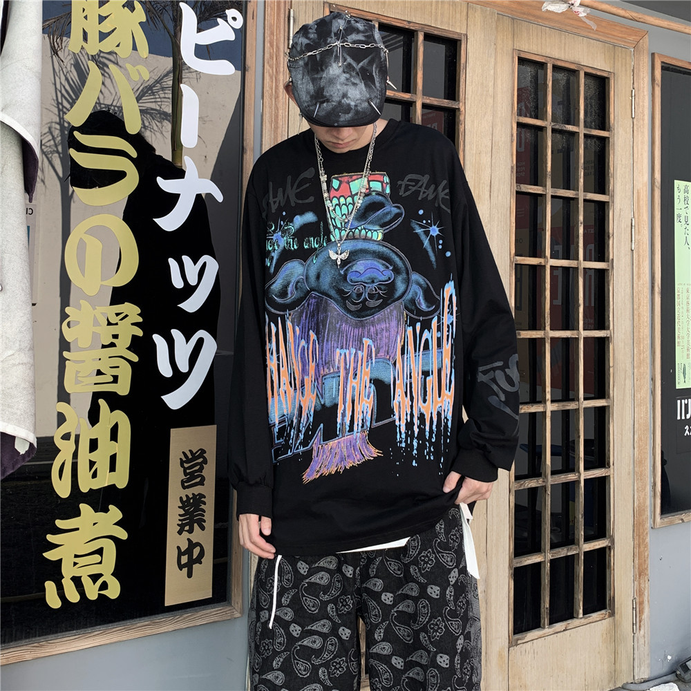 国潮卡通印花长袖t恤男bf原宿风潮牌嘻哈街头宽松上衣圆领套头衫