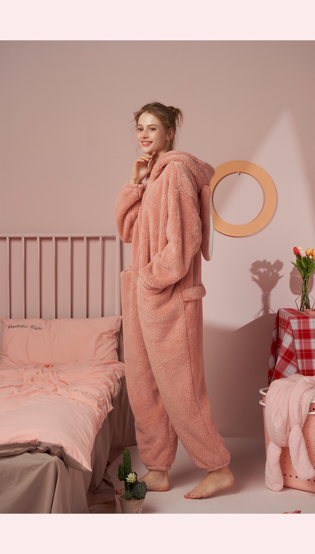 兔耳睡衣女秋冬季连体套装加厚暖卡通连帽珊瑚绒家居服一件代发