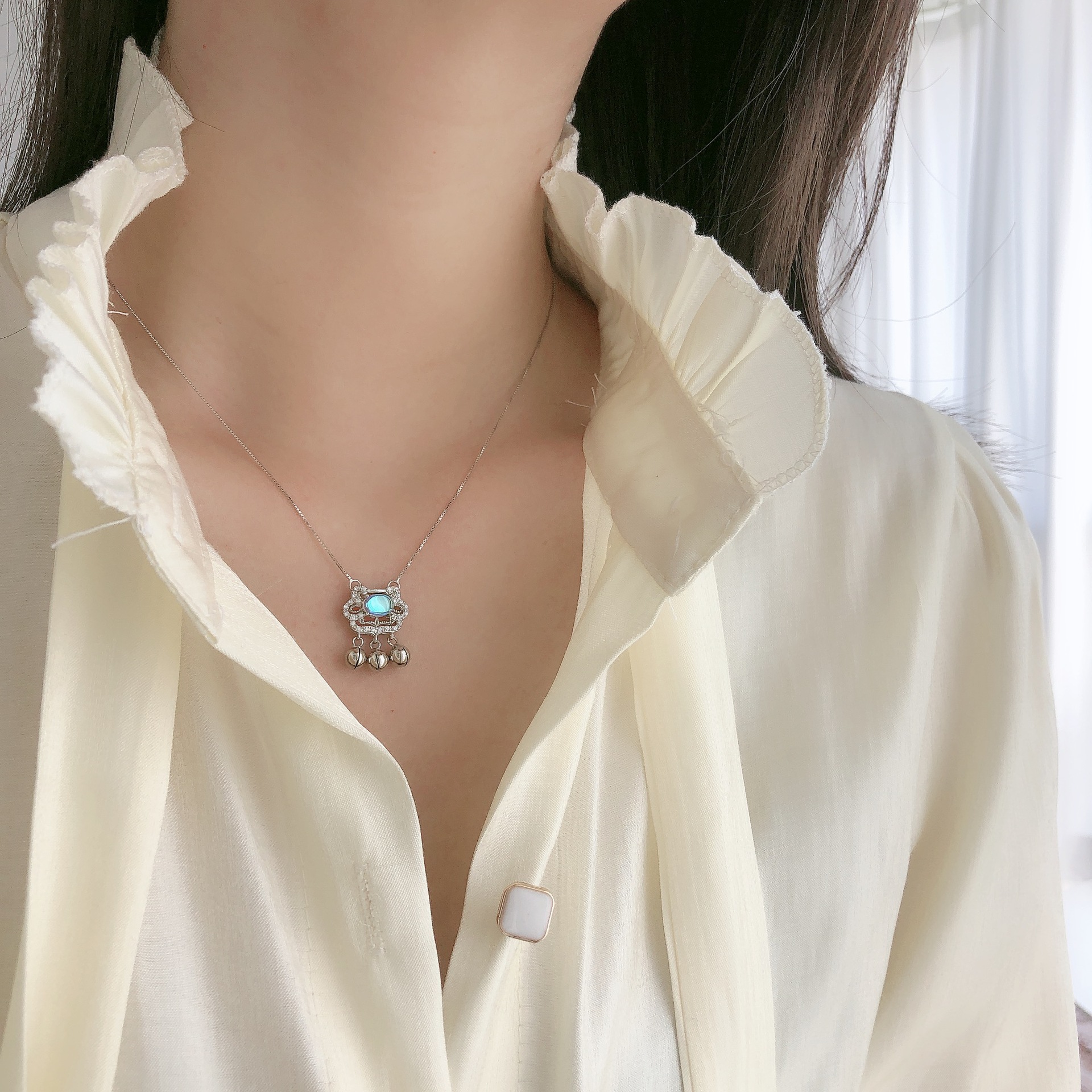 s925纯银如意平安锁项链铃铛会响锁骨链新品长命锁吊坠女J7544