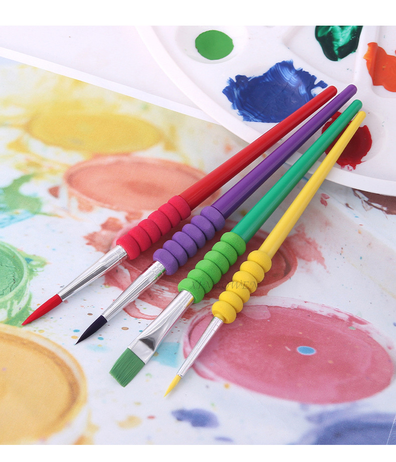 厂家直供4支彩色油画笔 尼龙毛儿童绘画颜料画笔水粉塑料笔套装