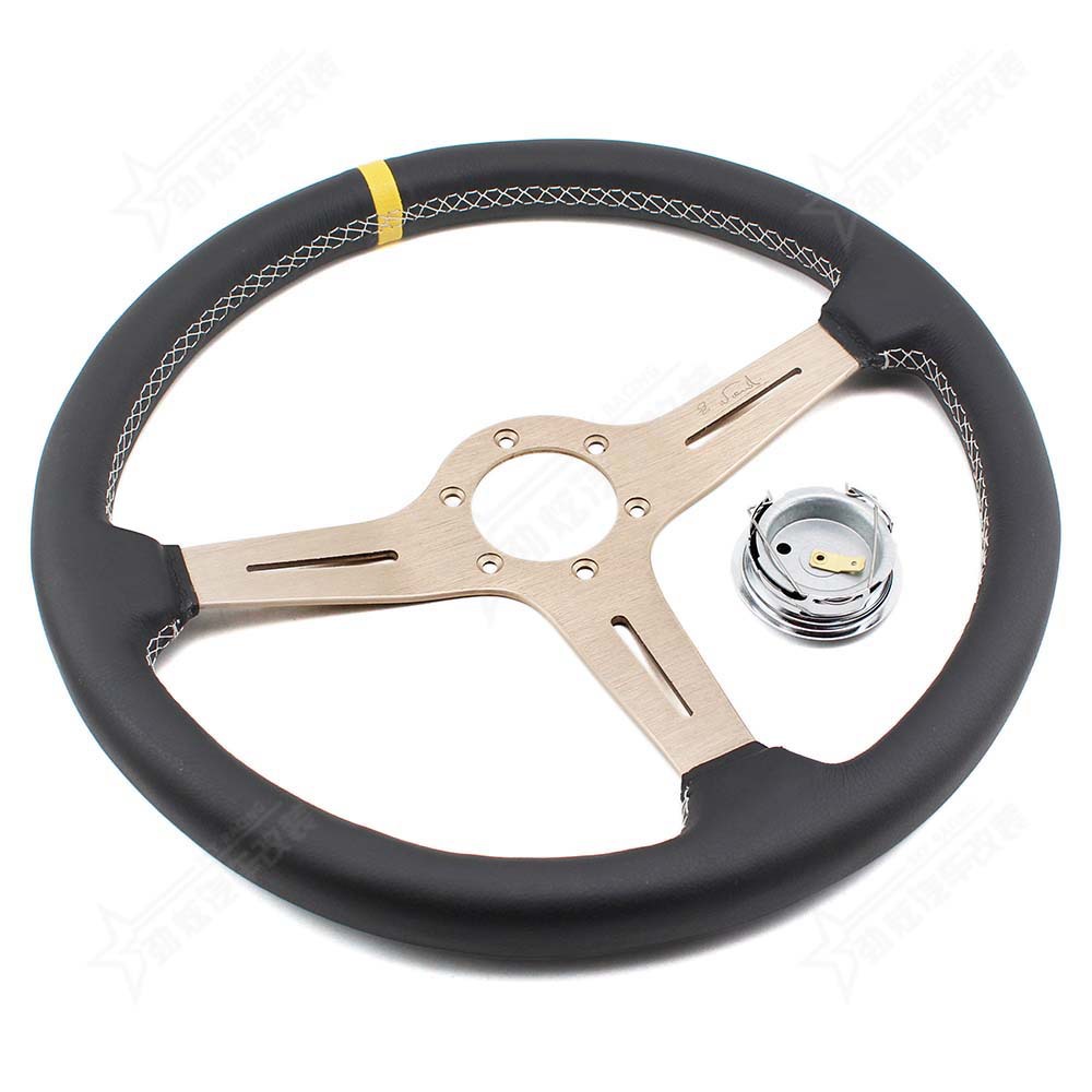 汽车改装方向盘 15寸nd赛车真皮方向盘 黑色打孔皮凹架通用转向盘